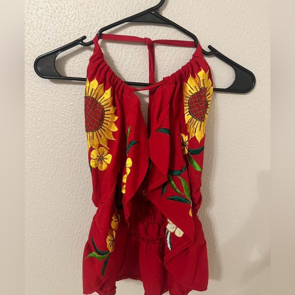 Red Floral Embroidered Women's Top